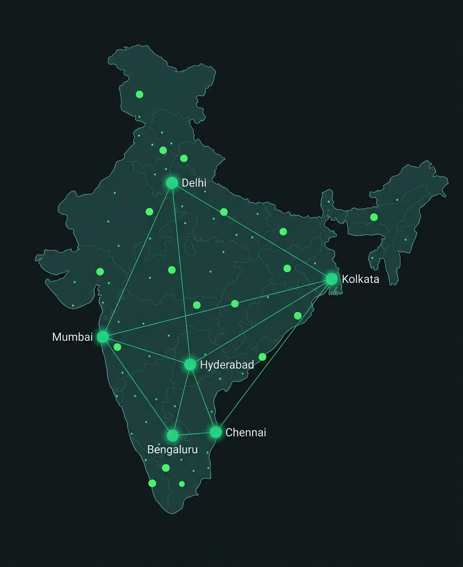 India coverage network showing Greenvolution service locations across metros, Tier-2 and Tier-3 cities