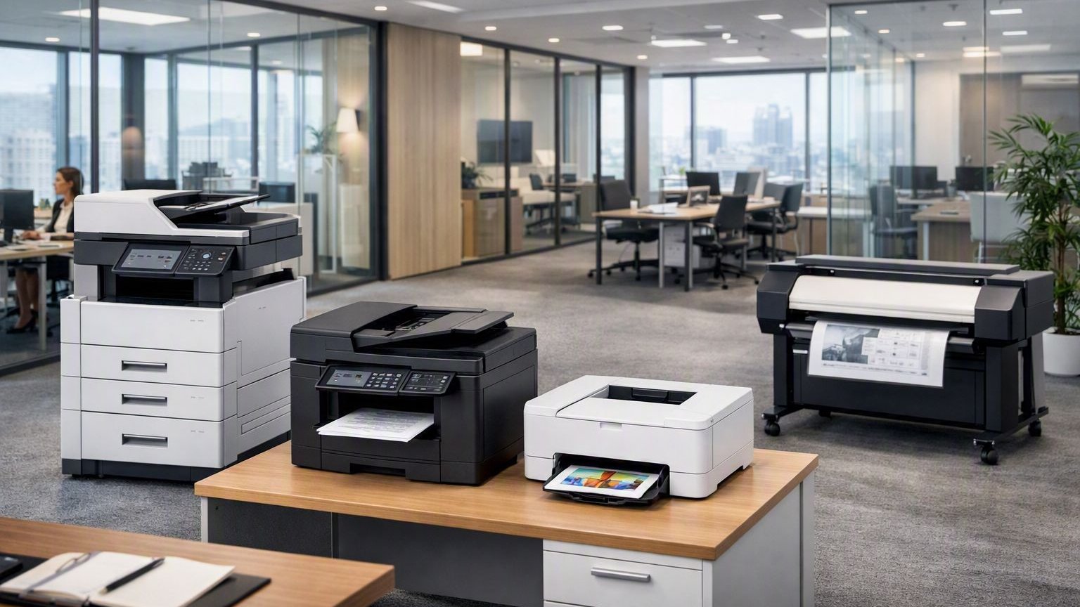 Multifunction, laser and wide-format printers deployed in a modern office